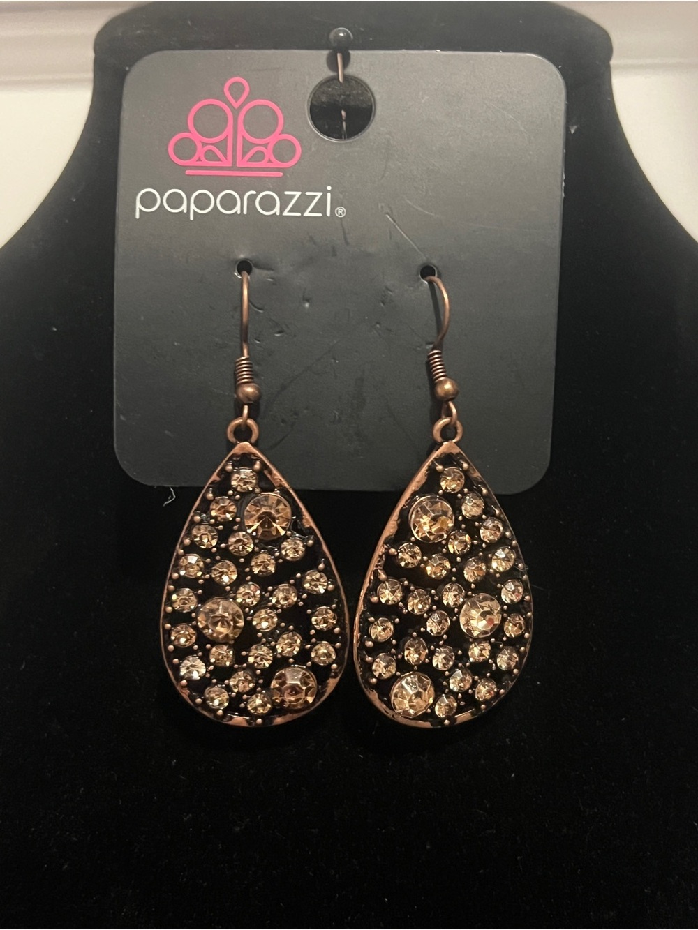 Paparazzi Copper Tone Crystal Teardrop Dangle Earrings
